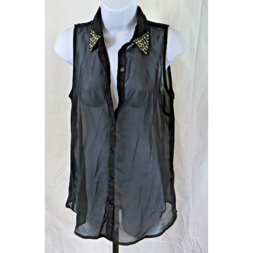 Womens Tea Rose Sheer Sleeveless Black Top Shirt Sutds Collar Size Med